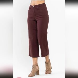 Judy Blue tummy control garment-dyed high-rise wide-leg crop jeans oxblood sz 29